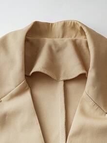 Women's Padded Shoulder Wide Lapel Double-Breasted Woven Fabric Faux Pocket Office/School Blazer - Khaki - View 6