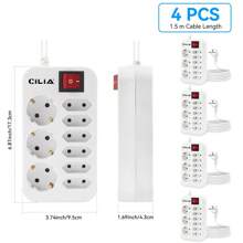 4 Stück Europäischer Standard Stromstecker, 9 in 1, Mehrfachsteckdose, 3 F Schuko, 6 AC Stecker mit Schalter 1,5 m Kabel, mit Schalter/Überlastschutz, geeignet für Zuhause, Büro, Hotel und andere Orte, Studentenwohnheim Grundausstattung