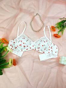 1 pieza Sujetador sexy con aros y relleno con encaje floral de cereza lindo para mujeres