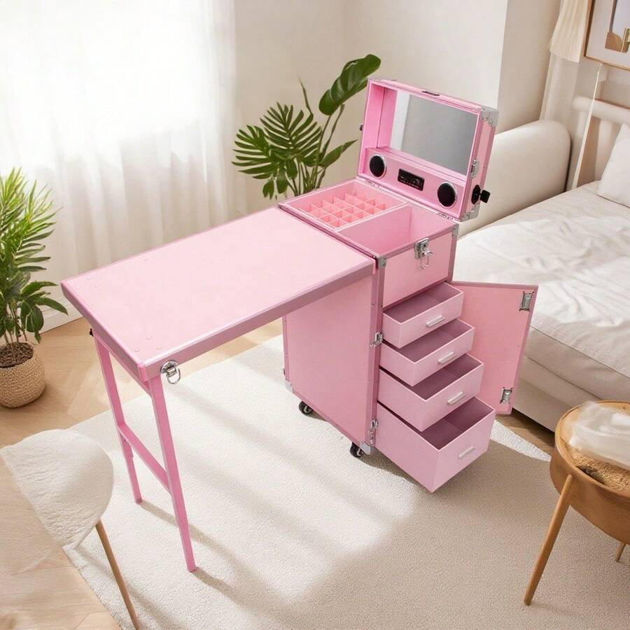 Rolling Foldable Makeup Table, 5 Drawers With Large Space, Multi-Function, Retractable Nail Table, Foldable Cosmetic Box For Technician Workstation, Mobile Makeup Artist Trolley, Pink - 粉色 - 查看 1