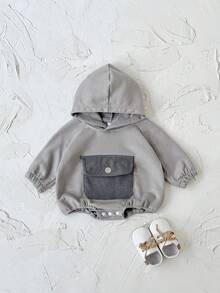 新生男童衣服灯芯绒口袋休闲可爱连帽灰色长袖紧身衣，春秋季 - 深灰色 - 查看 8