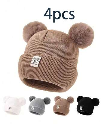 4 piezas Gorros con pompones para niños, gorros cálidos para bebé para otoño/invierno, gorros de doble capa unisex para bebés y niños pequeños