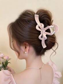 1pc Korean Style Elegant Bowknot Gold Label Hair Clip, Large Size Suitable For Thick Hair, Stylish Barrette For Occiput Hair Accessories Women Claw Clip