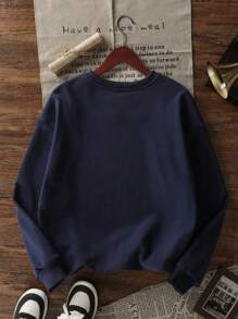 男童仙人掌印花圆领卫衣，保暖套头衫，适合上学穿着，秋冬季 - 藏蓝色 - 查看 3