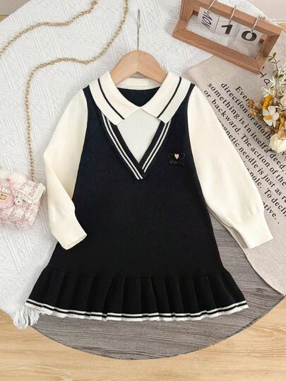 1pc Girls Collegiate A-Line Ruffle Trim Striped Colorblock Collar Knit Dress, Sweet Twofer Style
