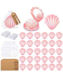 18件/6套 - 婴儿派对回礼、性别揭晓派对用品、迷你折叠旅行梳子带镜子贝壳形口袋化妆镜、婚礼派对散装梳子回礼、便携式钱包旅行镜刷套装（包含感谢标签和欧根纱袋） - 粉色 - 查看 1