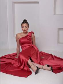 Long Dress For Bridesmaid – One Shoulder With Ruffle And Slit Elegant Simple Elegant Party Satin Side Opening Zipper Pleated Bridesmaid Civil Wedding Debutante Graduate Formal And Evening - 珊瑚粉 - 查看 9