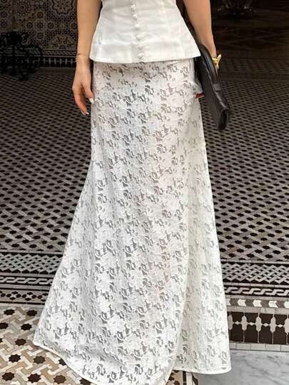 Women's Lace Sheer Sexy Elegant Solid White Maxi Skirt, See Through Suitable For Beach Vacation