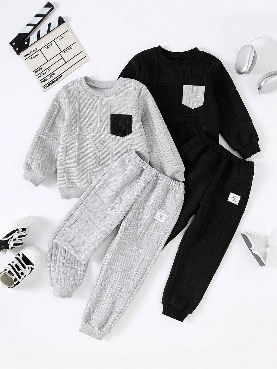 4pcs/Set Boys' Letter Pattern Jacquard Fabric Outfit, Contrast Color Pocket Design, Suitable For Outdoor Wear, Simple Sports Style