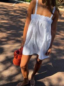 Women Floral Eyelet Mini Dress Ruffle Flowy Babydoll Dress Spaghetti Strap Loose Sundress Boho Sleeveless Going Out Short Dress - trắng - Xem 4