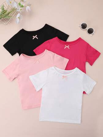 4 stuks effen meisjes T-shirt met strik en korte mouwen, basic T-shirt voor jonge meisjes, alle seizoenen