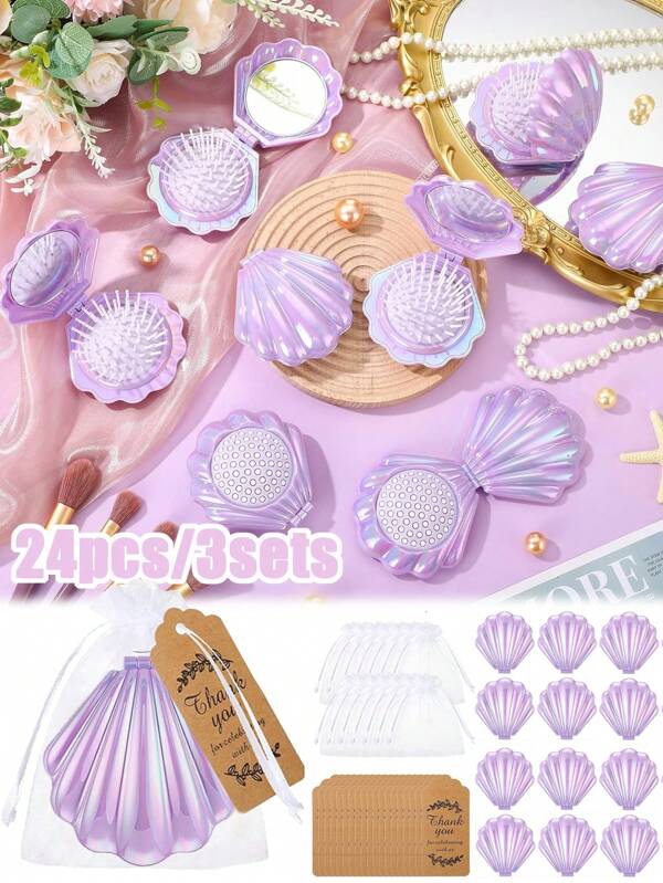 18pcs/6sets-Baby Shower Favors Party Favors, Baby Gender Reveal Party Supplies Favors, Mini Foldable Travel Hair Brush With Mirror Shell Shape Pocket Makeup Mirror Compact, Combs Bulk Wedding Party Favors For Guests, Portable Purse Travel Mirrors Hair Brush Set With Thank You Tag Organza Bag,