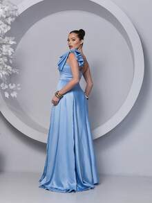 Long Dress For Bridesmaid – One Shoulder With Ruffle And Slit Elegant Simple Elegant Party Satin Side Opening Zipper Pleated Bridesmaid Civil Wedding Debutante Graduate Formal And Evening - 寧靜藍 - 查看 7