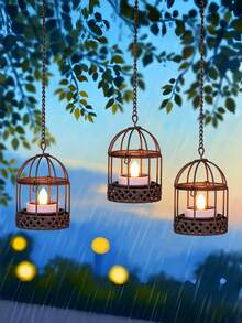 1/2pcs Solar Powered Hanging Lantern, Waterproof Outdoor Solar Powered Bird Cage Candle Holder, Rust Color With Flickering Solar Lights, Suitable For Backyard, Garden, Fence And Tree Decor - Warm White Light - View 1