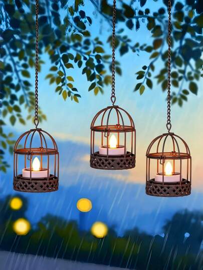 1/2pcs Solar Powered Hanging Lantern, Waterproof Outdoor Solar Powered Bird Cage Candle Holder, Rust Color With Flickering Solar Lights, Suitable For Backyard, Garden, Fence And Tree Decor