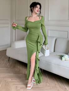 abyoxi Solid Color Sexy And Sweet Draped Neck Long Bell Sleeve Asymmetrical Waist Ruched Ruffle Hem High Side Slit Dress,Elegant,Dating,Back To School,Fall/Winter Clothes For Women - Green - View 7