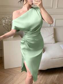 abyoxi 鼠尾草绿优雅不对称领口腰部手工褶皱缎面连衣裙，适合约会、生日派对、婚礼、返校舞会等场合，新款女装 - 綠色 - 查看 7