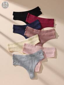 14 Pieces Of Women's Underwear Low Waisted Cotton Thong - Soft And Breathable V-Shaped Pants, Solid Color Simple Women's Underwear, Sexy Triangle Pants, 7 Solid Color S-XL Sizes To Choose From, Ribbed Elastic Comfortable Non Transparent Casual Wear, Daily Essential, Fashionable Style, Soft And Breathable, Modern Women's - 彩色 - 查看 8
