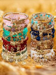 16/32Pcs Bohemian Ocean Style Stackable Handmade Sea Star Pendant Beaded Bracelet Set - For Women Vacation Travel Gift, Beach Party & Casual Daily Wear - Multicolor - View 8
