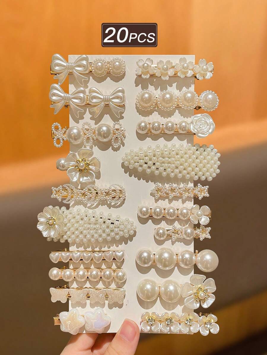 20个女士优雅仿珍珠镶嵌花朵和心形发夹，用途广泛，适合日常和派对佩戴，是返校季的推荐礼物，包括爪夹、发爪、发夹、发卡、花朵发饰、女士度假装扮、头部配饰和发卡。 - 彩色 - 查看 1