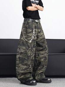 1件装休闲迷彩拼接筒腿工装裤，宽松舒适街头风多口袋长裤，美式休闲品牌（不含腰带和配饰） - 軍綠色 - 查看 2