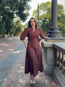 PLAIN MIDI DRESS Button WOMEN'S FASHION Daily - 鏽棕色 - 查看 6