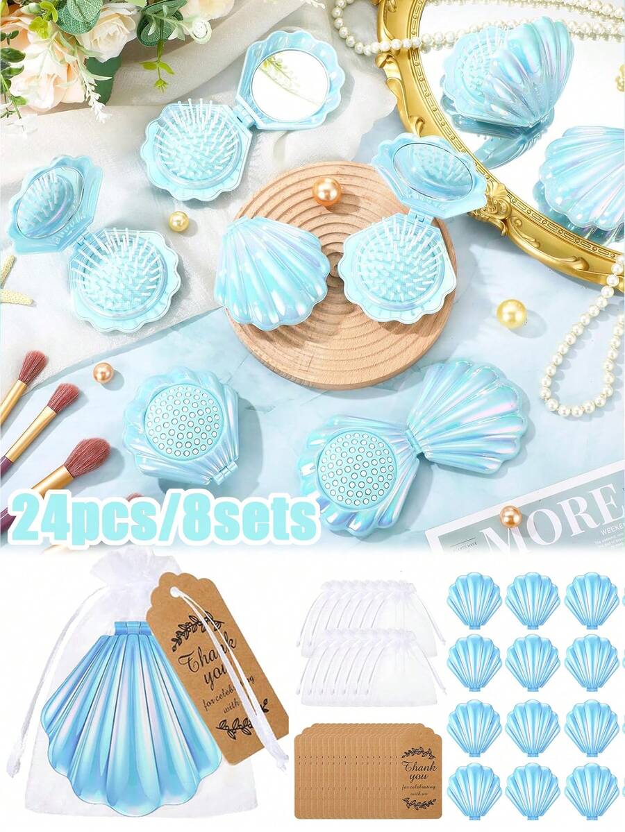 18件/6套 - 婴儿派对回礼、性别揭晓派对用品、迷你折叠旅行梳带镜子贝壳形口袋化妆镜、婚礼派对宾客回礼梳子套装（含感谢卡和欧根纱袋） - 藍色 - 查看 1