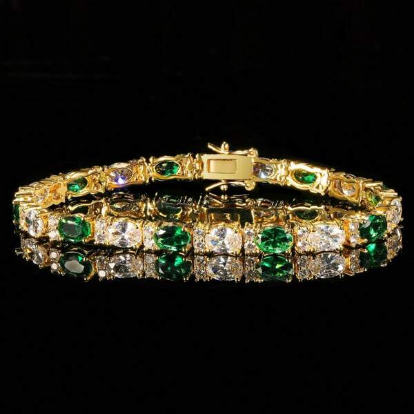1pc Fashionable & Versatile Green & White Oval Zirconia Bracelet, Suitable For Women's Daily Wear