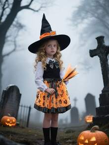 Set fustă scurtă de balet vrăjitoare pentru fete, cu pălărie și mătură, fustă scurtă cu curea elastică pentru dressing de Halloween, prințesă vrăjitoare costumată, violet negru portocaliu, articole de petrecere, decor cameră, cadouri de petrecere pentru copii - Multicolor - Vizualizare 5