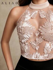 Aliao 花卉钩编网纱刺绣优雅3D透视吊带背心，性感女式上衣，夏季服装，浪漫婚礼季，花卉图案上衣，端庄上衣，新年装扮 - 杏色 - 查看 4