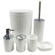 6er Badezimmer Accessoires Set, Kunststoff & Bambus Bad Ensemble Kit mit Seifenspender, Zahnputzbecher, Zahnbürstenhalter, Seifenschale, Toilette-Bürste & Halterung, Mülleimer, Geschenkset für Geburtstag, Feiertage, Einweihung, Weihnachten, in den Farben Schwarz, Weiß und Grau erhältlich