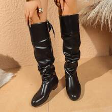 Knee-High Boots With Elegant Laces And Bow Details - Square Toe, Thick Low Heel, Laced, With Artificial Cover And Rubber Sole, Available In White, Black And Red - 黑色 - 查看 5