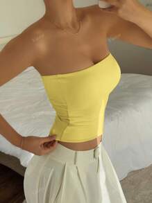 Camiseta sin tirantes básica de ajuste elástico y ceñido de color amarillo mantequilla para uso en todas las estaciones, diseño de moda de verano para el 4 de julio