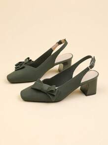 1 Pair Square Toe Slip-On Shoes With Bowknot, Solid Color Backstrap Chunky Heel Pumps For Women, Suitable For Outdoor Walking, Party, Office, Skirts, Casual Pants