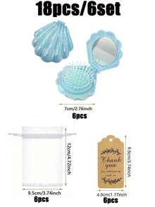 18件/6套 - 婴儿派对回礼、性别揭晓派对用品、迷你折叠旅行梳带镜子贝壳形口袋化妆镜、婚礼派对宾客回礼梳子套装（含感谢卡和欧根纱袋） - 藍色 - 查看 9