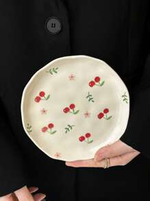 1pc Ins-Style Handpainted Asymmetrical Ceramic Plate, Cute Cartoon Cherry Heart Plate, Dessert Snack Dish, Afternoon Tea Cake Plate, Western Dinnerware, Steak Pasta Plate, Fruit Salad Plate, Holiday Gift For Family & Friends