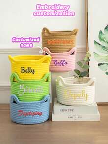 Customized Embroidered Rope Woven Storage Basket, Large Capacity Skin-Friendly Rope Basket For Baby Toy, Pet Supplies, Remote Control, Keys & Miscellaneous Storage, Suitable As Gift For Children, Family & Friends - Blue - View 2