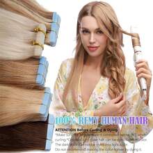 20PCS 50G Tape In Hair Extensions Human Hair, #12P613 Golden Brown Mix Bleach Blonde, 16-26 Inch Double Sided Tapes Ins Human Hair Extensions,  Adhesive Extension Seamless Invisible Skin Weft, Silky Straight With Thick Ends, Remy Human Hair Add Length For Woman Everyday Hairstyle Cosplay Daily Wedding Party Halloween Use - S12/613 - Xem 5