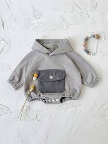 新生男童衣服灯芯绒口袋休闲可爱连帽灰色长袖紧身衣，春秋季 - 深灰色 - 查看 7