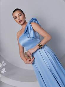 Long Dress For Bridesmaid – One Shoulder With Ruffle And Slit Elegant Simple Elegant Party Satin Side Opening Zipper Pleated Bridesmaid Civil Wedding Debutante Graduate Formal And Evening - 寧靜藍 - 查看 6