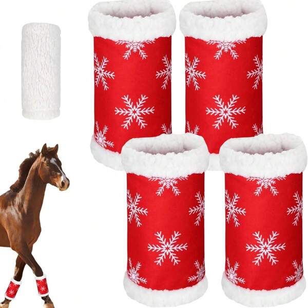 4 piezas Vendas para patas de caballo con diseño navideño rojo. Vendas suaves y gruesas con forro de felpa para caballos