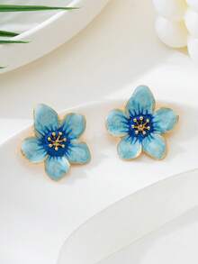 1 Cặp bông tai đinh tán hoa 5 cánh màu xanh lam nhuộm loang thủ công, tinh tế và ngọt ngào, thích hợp cho trang phục hàng ngày của phụ nữ, hẹn hò, kỳ nghỉ/du lịch, quà tặng sinh nhật cho bạn gái, trang sức mùa hè - Màu xanh lam - Xem 3