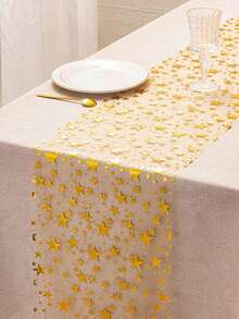 1 pezzo Runner da tavolo con stampa stelle in lamina d'oro, 28 cm x 274 cm, in tessuto di poliestere metallizzato, adatto per vacanze, primavera, tovaglia da matrimonio, decorazione matrimonio, decorazione casa, decorazione stanza, regalo per feste, decorazione per compleanni di nozze, addio al nubilato, decorazioni natalizie per la casa, regali di Natale, decorazioni natalizie