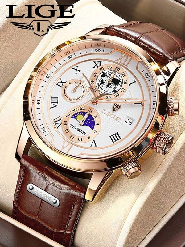 LIGE Fashion Men's Business Watch Waterproof Luminous Quartz Watch Unique Sun And Moon Dial Classic Light Luxury High-End Watch