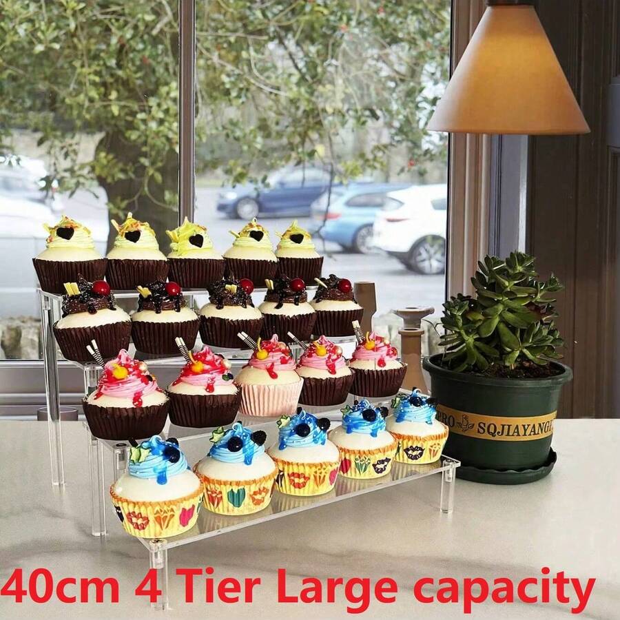 Suport de afișare acrilic cu 4 niveluri, 40 cm, suport de vitrină durabil, potrivit pentru pahare de hârtie, brioșe, parfumuri, păpuși și depozitare în cutii transparente