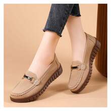 Loafers For Women, Comfortable Slip On Suede Flats Metal Buckle Walking Shoes
