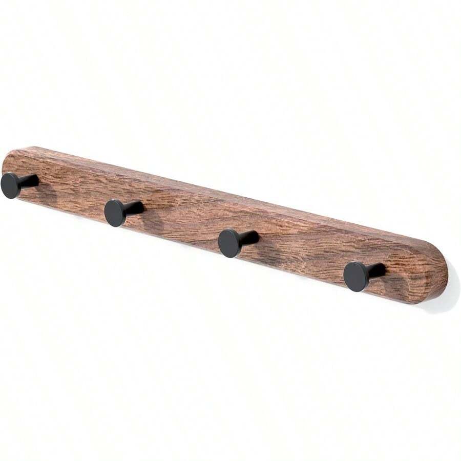 SDFGSDF 17 Inch Walnut Wood Wall Mounted Coat Rack With 4 Black Hooks, Adhesive Mounted Entryway Hooks, Modern Natural Wooden Pegs For Hanging Coat Clothes Hat Bag Purse Key And Towel - 帶有 4 個黑色圓形掛鉤的衣帽架 - 查看 1