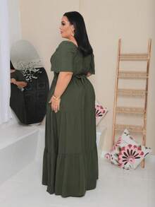 Women's Long Plus Size Dress With Wrap Around Front, Party Fashion - Army Green - View 2