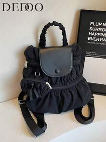 1 件韩国学院风休闲褶皱背包 2025 流行新款时尚休闲女式手提布包 - 黑色 - 查看 1