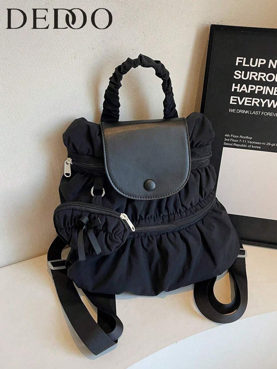 1 件韩国学院风休闲褶皱背包 2025 流行新款时尚休闲女式手提布包 - 黑色 - 查看 1